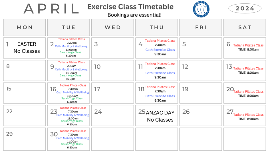 April Exercise Timetable